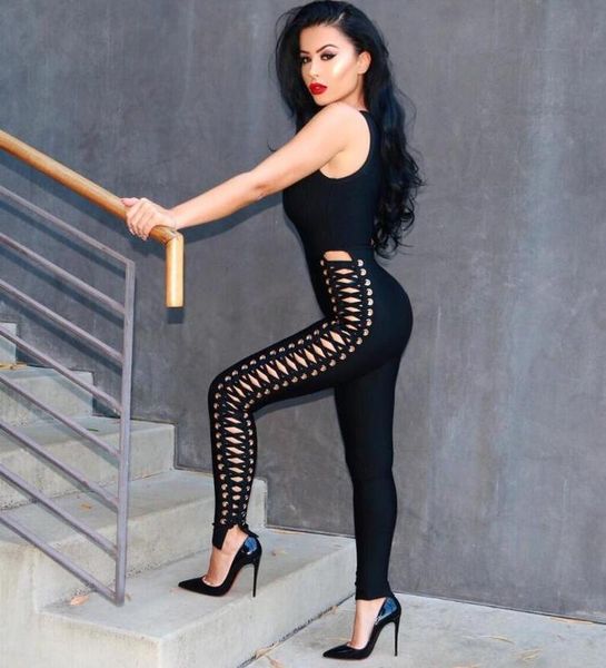 

2019 fashion new black bandage jumpsuit lace up hollow out v neck sleeveless elegant celebrity clubwear wholesale, Black;white