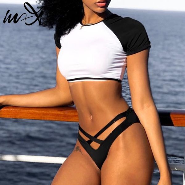 

in-x short sleeve crop sports swimwear women bikini 2019 brazilian swimsuit female bathers new bathing suit t-shirt top