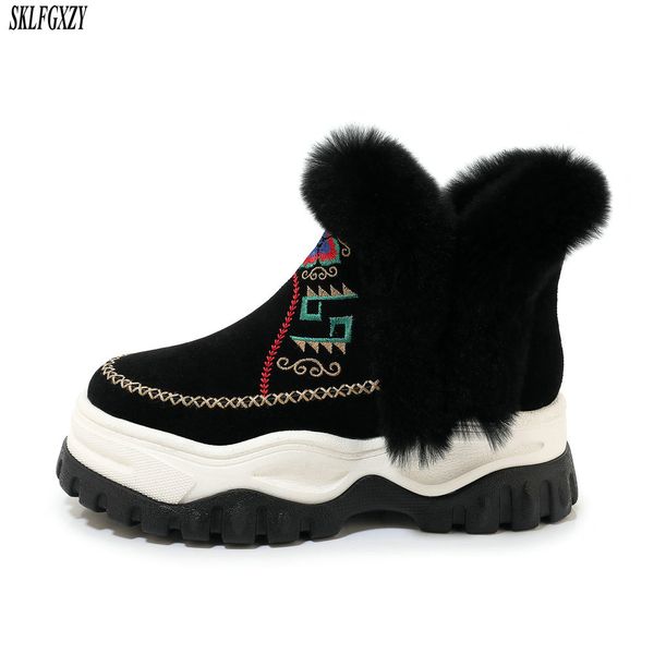 

sklfgxzy winter female plus velvet genuine leather shoes snow platform boots women thermal cotton-padded shoes flat ankle boots, Black