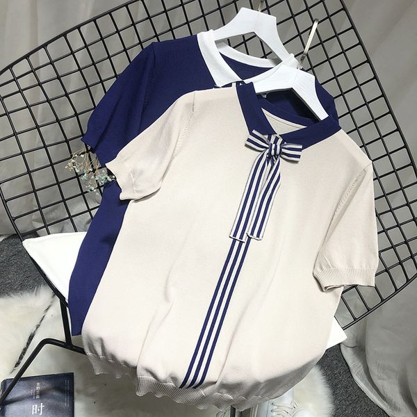 

summer women short sleeve sweaters lady bow knot sweater summer women knitted pullovers, White;black