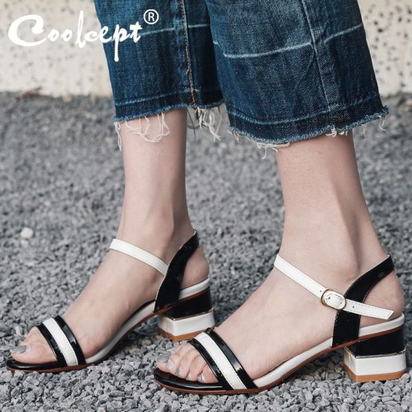 

coolcept office ladies sandals summer open toe mixed color buckle square heels shoes daily casual footwear women size 33-43, Black