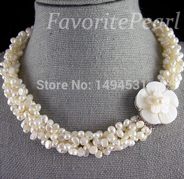 

pearl necklace five rows 5.0-6.0mm white color freshwater pearl necklace shell flower clasp ing, Silver