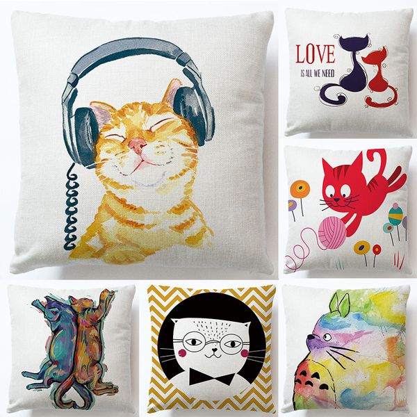 

digital printed linen cushion cover cat series pattern pillow cover cute cat creative home decoration pillowcase