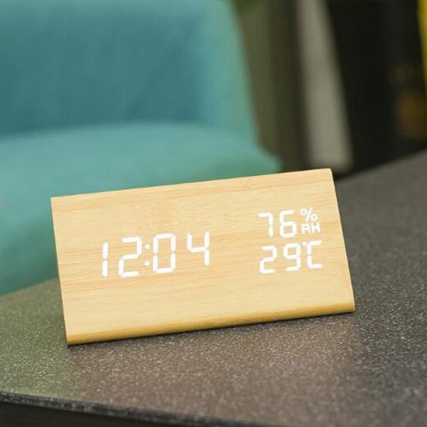 

wooden digital alarm clock led alarm clock usb/battery powered dimmer indoor hygrometer with sound control