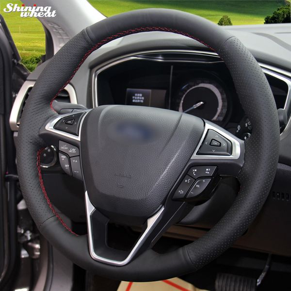 

shining wheat hand-stitched black leather car steering wheel cover for fusion mondeo 2013-2014