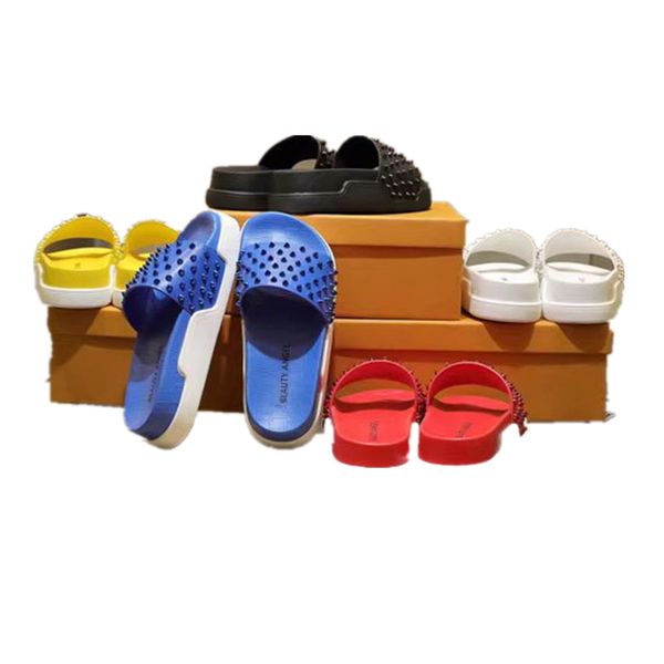 

luxury summer red bottom colour trend spiked sandals designer slides slippers genuine leather flat flip flops shoes platform height 5.5 cm, Black