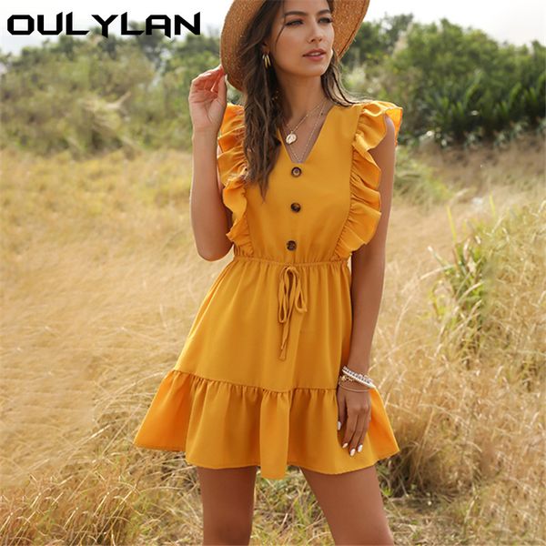 

oulylan women dress ruffle off shoulder tunic high waist party v neck casual boho beach yellow women summer dress, Black;gray