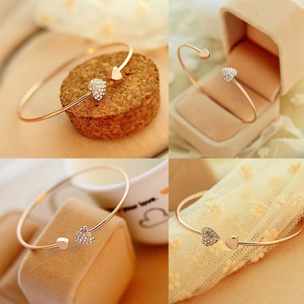 

2018 new fashion adjustable crystal double heart bow bilezik cuff opening bracelet women jewelry gift mujer pulseras, Golden;silver