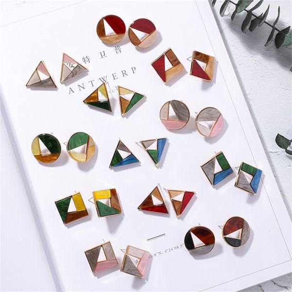 

4# fashion acrylic color texture colorblock stud earrings individual openwork geometric round square lady stud earrings jewelry, Golden;silver