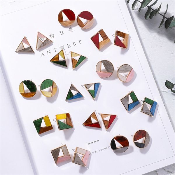 

stud 4# fashion acrylic color texture colorblock earrings individual openwork geometric round square lady jewelry, Golden;silver