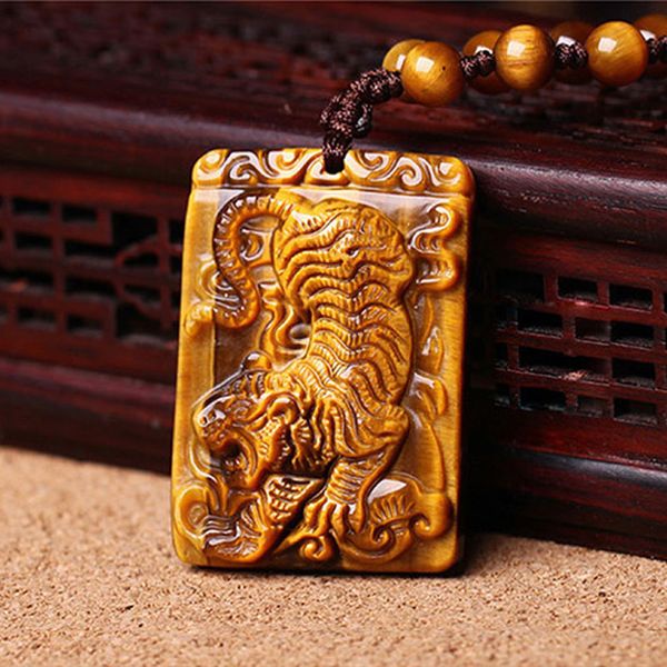 

drop tigers eye stone pendant hand carved tigers necklace with chain lucky amulet fine jewelry for men women gift, Silver