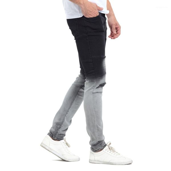 

black white color patchwork washed pencil pants jeans gradatient color jeans mens stylish designer, Blue