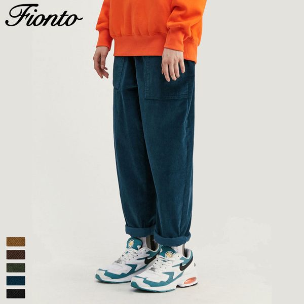 

fionto men's wear 2019 fall winter new tide brand simple retro color pants men's large pocket elastic corduroy pants, Black