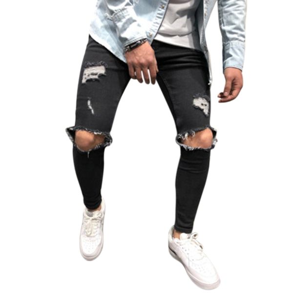 

fashion streetwear men's jeans knee hole ripped jeans distressed denim skinny pants elastic men pants, Blue