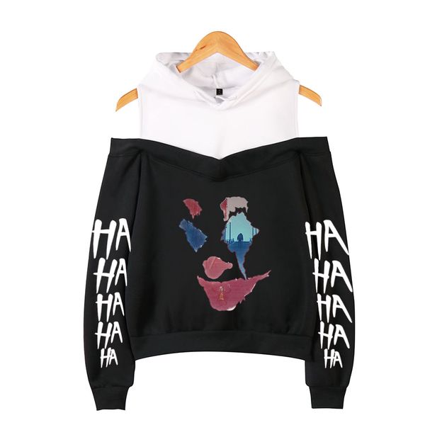 

2d haha joker printed off shoulder hoodies for women long sleeve hooded sweatshirt autumn casual streetwear clothes xxl, Black