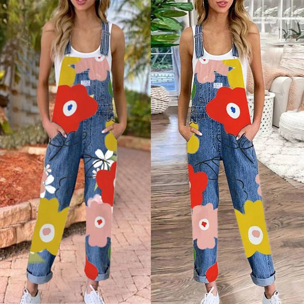 

wepbel women jeans overall floral flower printing one-piece strap loose women's denim trousers overalls sleeveless high waist, Blue