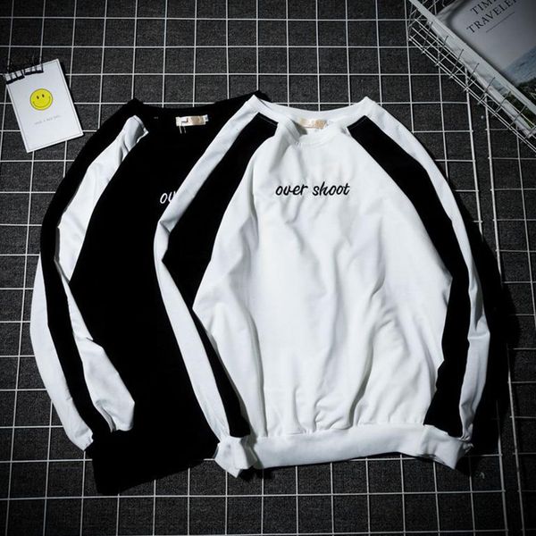 

men crew neck letter sweatshirt combined color couple student loose sport base shirt, Black