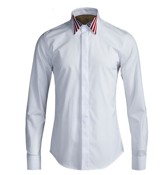 

men shirt luxury american flag embroidery long sleeve shirts men plus size fashion slim fit cusual black white man shirts, White;black