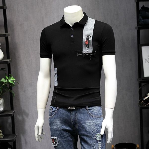 

summer new men's polo shirts simple stylish gentleman's temperament printing polo shirts 2 color m-4xl szie, White;black