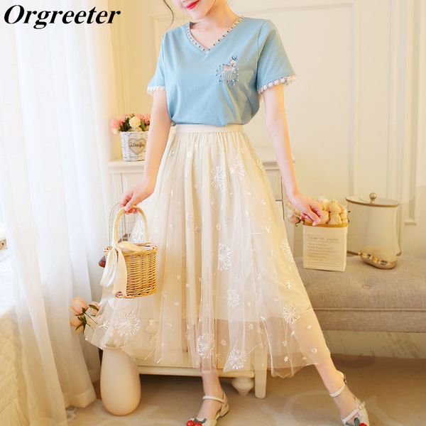 

лето новый бисером олень печатных кружевной отделкой вышивка хлопок футболка + блестками одуванчик вышивка длинная марлевая юбка 2 шт. компл, White