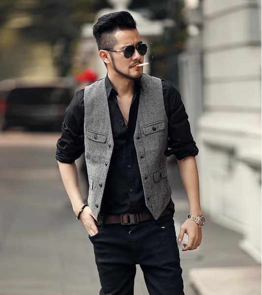 

farm gray wedding groom vests 2019 wool herringbone tweed groomsmen vest slim fit mens dress suit vest prom party wedding waistcoat, Black