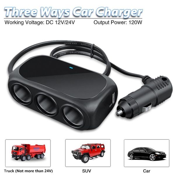 

universal 3 in 1 car charger 12v-24v dual usb 3 sockets cigarette lighter durable black/white car charger for buses cars trucks