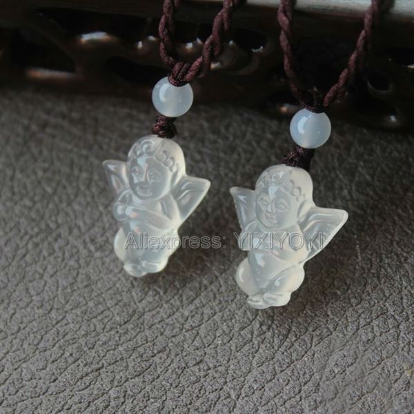 

beautiful handwork natural white agate jade carved cute angel lucky blessing pendant + rope necklace fine jewelry, Silver