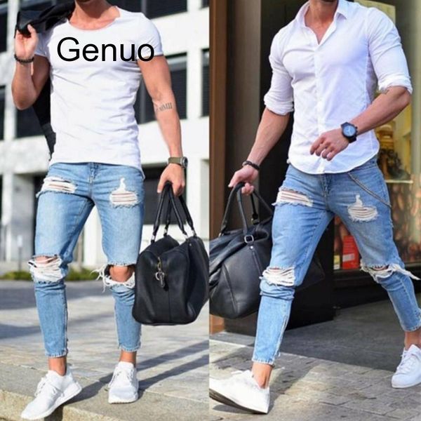 

бутик повседневный узкие джинсы мужские прямые джинсы denim / мужские брюки skinny джинсы мужские светлоокрашенные и рваные, Blue