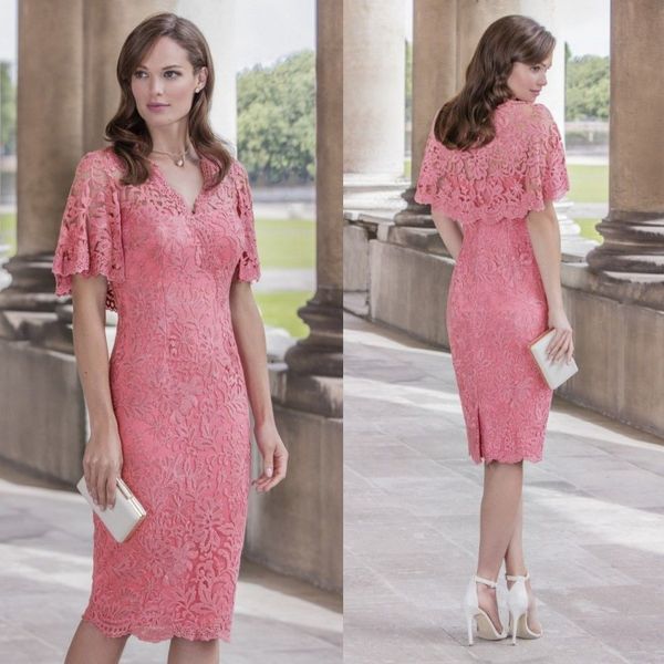 

short sleeve mother of the bride dresses knee length formal cocktail party dress v neck full lace wedding guest dresses, Black;red