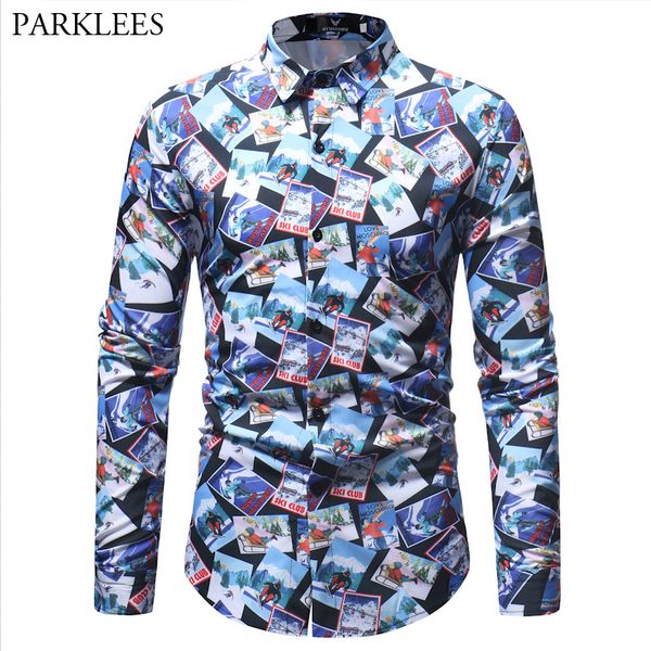 

men's casual shirts stylish skiing po printed shirt men 2021 autumn long sleeve slim fit derss mens causal party holiday chemise homme, White;black