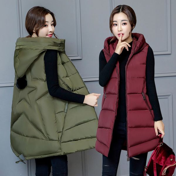 

winter vest women long casual slim solid big hood waistcoat vest autumn sleeveless cotton padded parka coat for female, Black;white