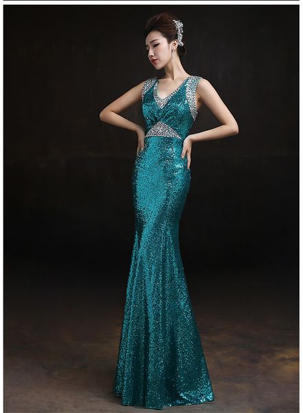 

shoulder fish tail sequins evening dresses bride v-neck prom dresses long slim dance party dinner prom gowns, Black