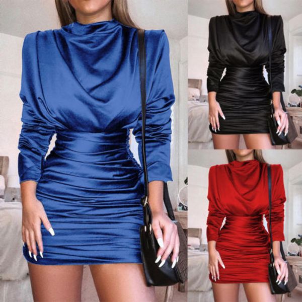

retro elegant fold ladies women long sleeve lady bodycon slim fit o-neck slim mini dress new, Black;gray