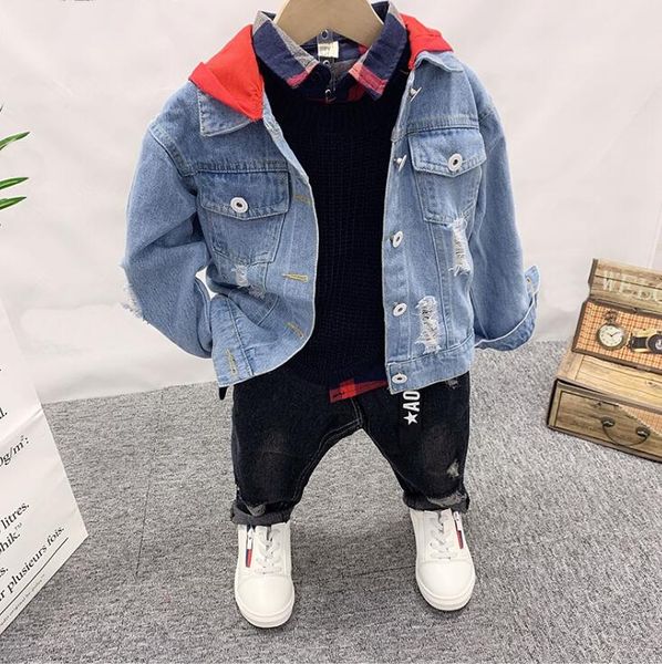 

toddler boys set clothes fashion kids tracksuit baby boy denim jacket, knit vest, shirt, jeans 4pcs boys clothing set 2-6years, White