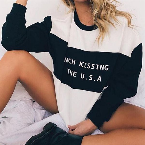 

women ladies' autumn letter sweatshirts long sleeve round neck sweatshirt pullover casual loose hoodies, Black