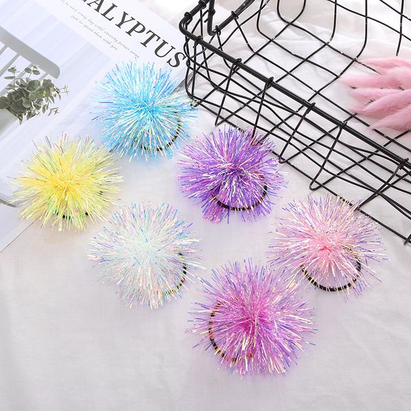 

gift girls cute glitter pompom ball rubber bands children shining fluffy ball hair ties performing party elastic hair bands 10pcs, Golden;silver