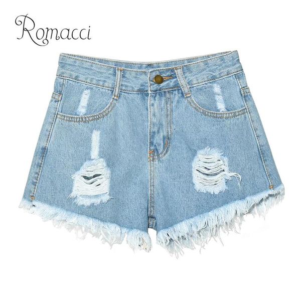

romacci 2019 new fashion women denim shorts frayed ripped holes shorts jeans fringed high waist 6xl plus size slim jeans short, Blue