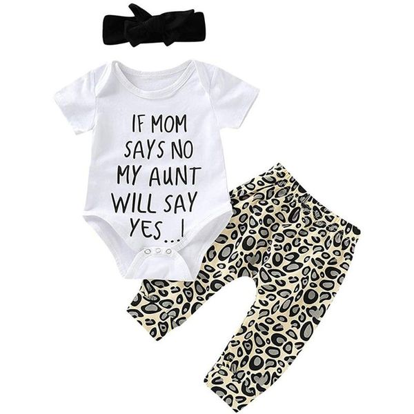 

34#letter mothers day newborn baby outfit 3pcs girls short sleeve print romper+leopard pants+headband set baby summer clothes, White