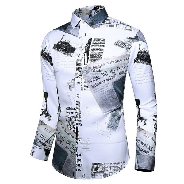 

fit male social business men's casual printing colorful slim long sleeve dress shirt blouse down sleeve formal dress shirts, White;black