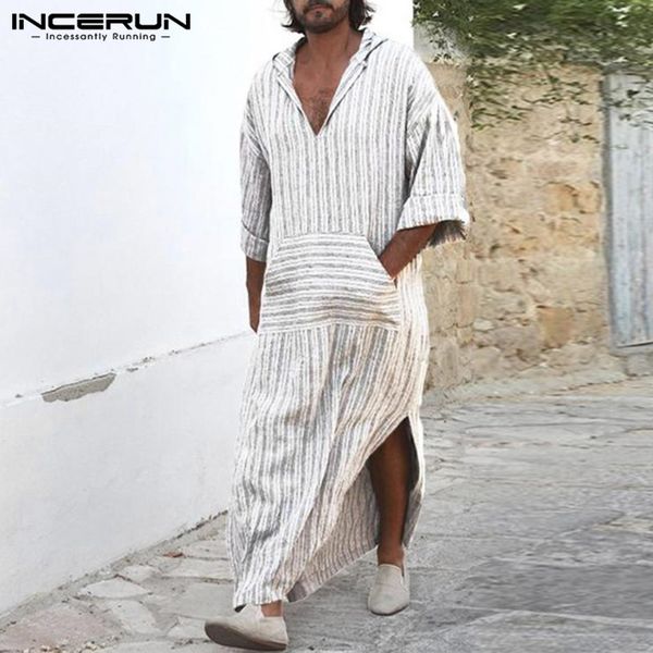 

incerun muslim style mens dress kaftan robe white striped long shirts islamic bathrobe lounge gown masculino abaya arab clothing, Black;brown