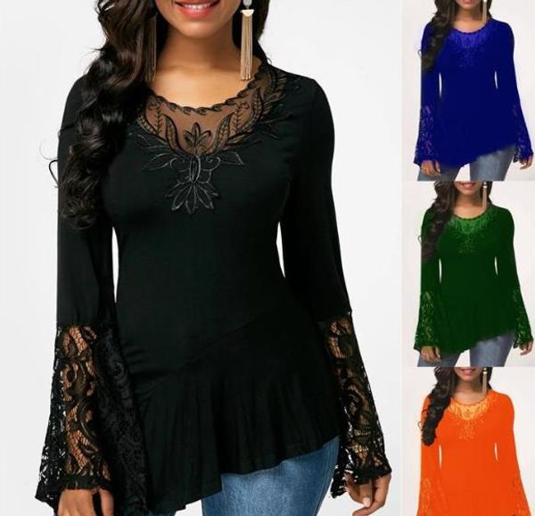 

lace womens designer tshirt fashion solid flare sleeve crew neck women casual slim long sleeves womens tees, White