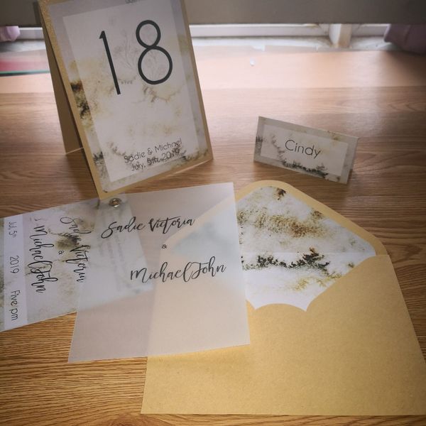 

personalized spring marble theme with vellum invitation in pin table number place card luxury set