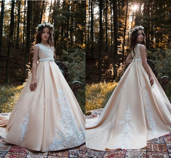 

2019 Румяна Розовые Платья для Девочек-Цветов Жемчужное Шею Белые Кружевные Апплик