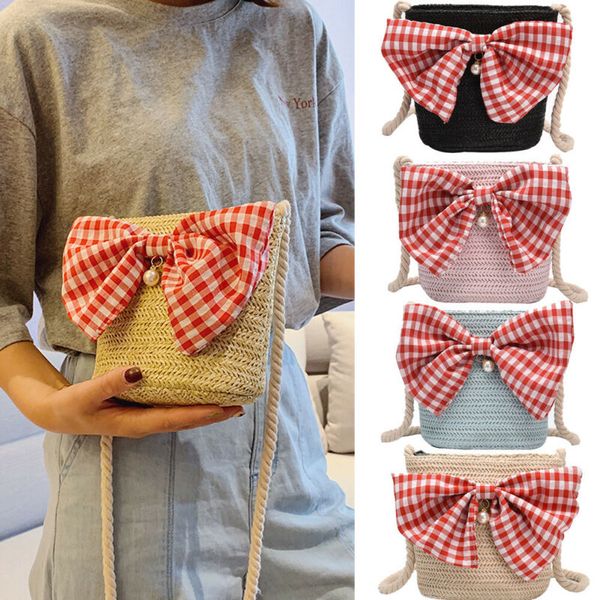 

2019 women summer hand woven straw bucket pearl plaid big bow shoulder bags rattan bag beach crossbody handbag