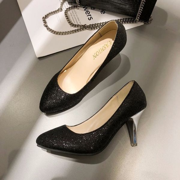 

large size 35-43 women's new stiletto heels comfortable and sequins wild classic female pointed high-heeled shoes b22-43, Black
