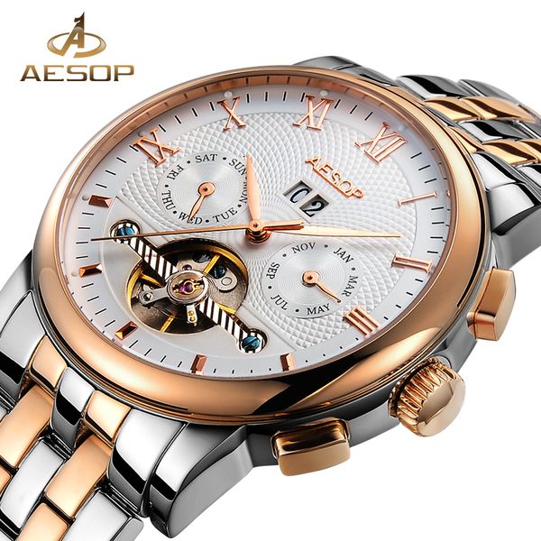 

aesop watch men luxury automatic mechanical watch 2019 stainless steel wrist gold wristwatch male clock men relogio masculino, Slivery;brown