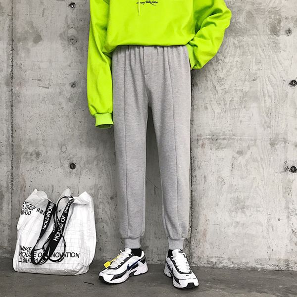 

2019 new spring and summer men's korean version of loose casual solid color straight drawstring trend sports pants joggers best, Black