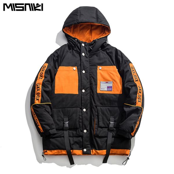 

misniki 2019 winter thick jacket parkas men hooded collar streetwear ribbon coats parka mens hip hop outwear jp12, Tan;black