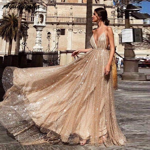 

sparkling party prom gowns vestidos de graduacion a line spaghetti straps v neck backless sequin gold long prom dress, White;black