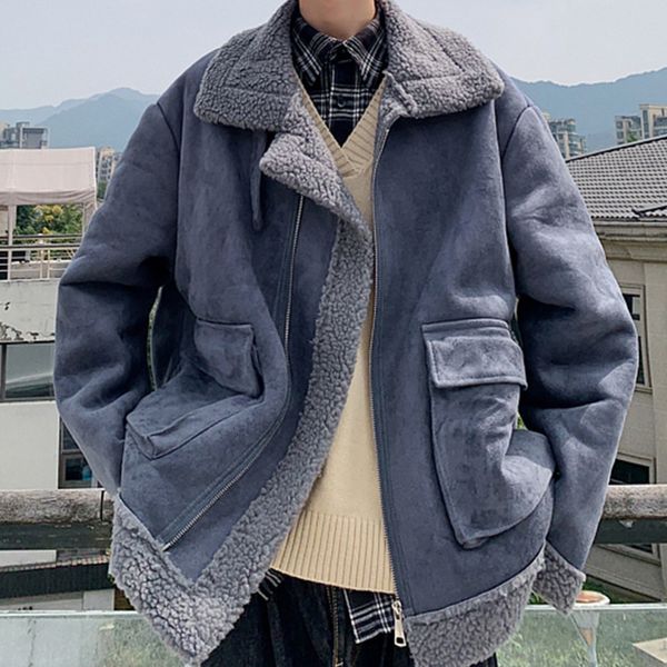 

winter lamb hair jacket men's warm thick parka men fashion fur collar coat man wild loose cotton jacket male clothes overcoat, Black